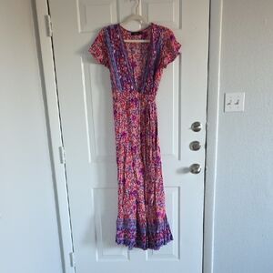 Bohemian Floral Wrap Maxi Dress in Pink and Purple